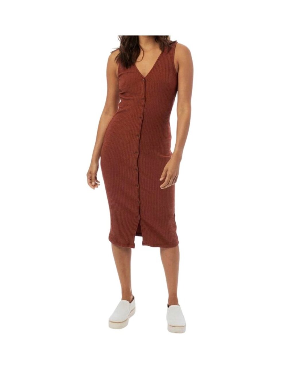 Nytt Austin Tank Dress Small Ribbed Button Front Sleeveless V-Neck Rust Stretch